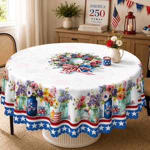 America 250 Rectangular Tablecloth, Patriotic 4th of July Polyester Table Cover, Mason Jar Floral Americana BBQ Decor