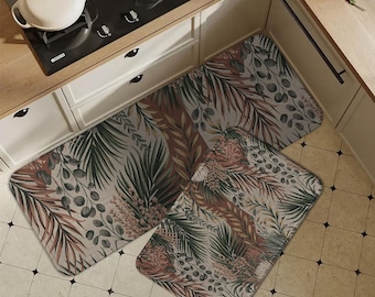 Boho Tropical Leaf Non-Slip Floor Mat, Vintage Greenery Kitchen Rug