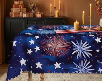 4th of July Firework Tablecloth, American Flag Independence Day Decor, Patriotic Summer Party Table Cover, Memorial Day Textile