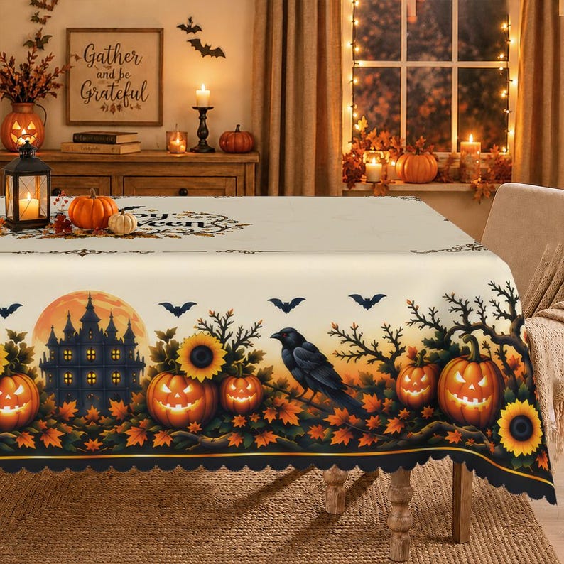 Cozy autumn and Halloween dining table cover with intricate pumpkin and floral borders, shown in a warmly lit kitchen dining room decorated with fall garlands and lanterns.