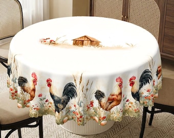 Vintage Rooster Watercolor Tablecloth, Farmhouse Easter Garden Decor