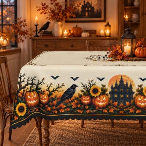 Spooky autumn tablecloth featuring glowing jack-o'-lanterns, black crows, flying bats, and sunflowers, styled on an indoor kitchen dining table with cozy fall candlelight decor.