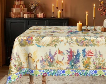 Independence Day Watercolor Angel Floral Tablecloth, Patriotic Spring Summer Decor