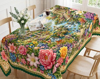 Vintage Secret Garden Tablecloth | Victorian Gazebo Floral Landscape for Spring Tea Party, Mother's Day & Summer Wedding Decor
