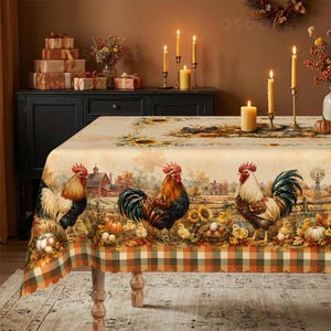 May include: A rectangular tablecloth featuring a rustic farm scene with roosters, sunflowers, pumpkins, and a barn. The bottom border displays a brown, orange, and cream plaid pattern. The print includes detailed illustrations of chickens and chicks.