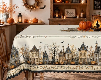 Vintage Haunted Village Halloween Tablecloth, Spooky Ghosts Pumpkins Fall Party Decor