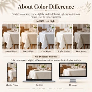 May include: An informational graphic titled About Color Difference explaining how a tablecloth appears under different lighting conditions and on various screens including a mobile phone, laptop, and desktop computer display.