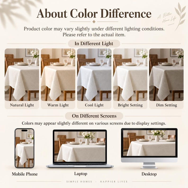 May include: An informational graphic titled About Color Difference explaining how a tablecloth appears under different lighting conditions and on various screens including a mobile phone, laptop, and desktop computer display.