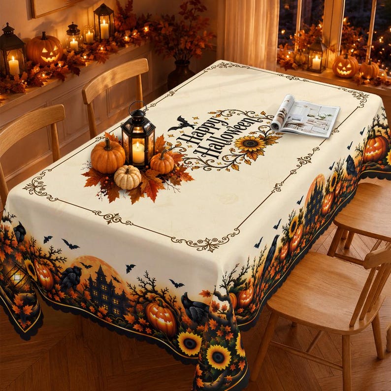 Ornate black and cream Halloween tablecloth featuring detailed illustrations of spooky pumpkins, black crows, flying bats, and intricate cobwebs, styled with an antique brass lantern and assorted heirloom pumpkins on an autumn dinner table.