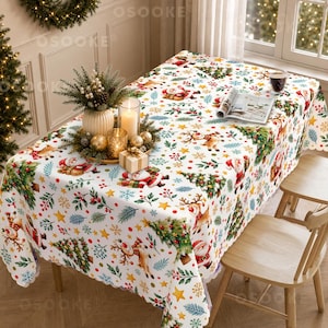 May include: A white rectangular tablecloth featuring a repeating Christmas pattern of Santa Claus figures, reindeer, decorated pine trees, red berries, green pine needles, and yellow stars, with a scalloped edge finish on the fabric border.