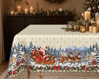 Christmas Santa Sleigh Tablecloth: Snowy Village, Pine Garland Border (Holiday Table Cover)