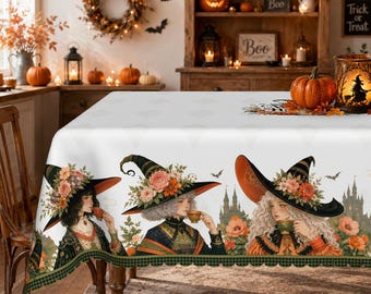 Floral Witch Tea Party Tablecloth for Whimsical Halloween Dining