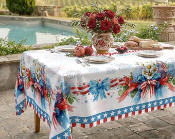 Vintage Patriotic Mason Jar Tablecloth | Rustic Floral Wreath, Americana Flag Design