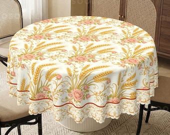 Tuscan Harvest Wheat and Pink Rose Tablecloth French Country Botanical Decor