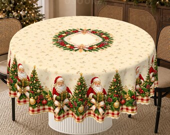 Traditional Santa Claus and Christmas Tree Tablecloth with Red Plaid Border
