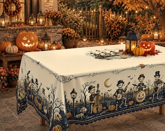 Skeleton Band Halloween Tablecloth, Spooky Musician Graveyard Decor, Gothic Fall Table Cover