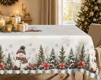 Festive Snowman Tablecloth, Pine Trees, Poinsettia Border, Holiday Dining Decor