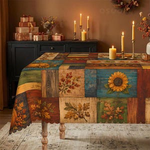 May include: A rectangular tablecloth featuring a patchwork design of autumn-themed panels, including sunflowers, oak leaves, and acorns on wood-grain textures in shades of orange, yellow, blue, and green, with a scalloped edge finish.