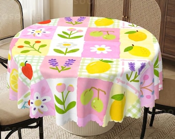 Lemon Berry Patchwork Tablecloth: Hand-Painted Fruit Floral Gingham Dining Decor