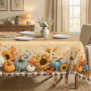 Könnte beinhalten: Eine rechteckige Tischdecke mit herbstlichem Druck von orangefarbenen und blauen Kürbissen, gelben Sonnenblumen und Herbstblättern auf cremefarbenem Grund mit schwarz-weißem Karomuster am Rand. Der Stoff liegt auf einem Esstisch.