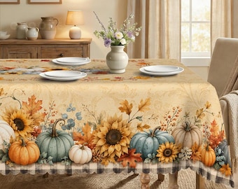 Bountiful Harvest: Vintage Pumpkin and Sunflower Printed Tablecloth | Fall Thanksgiving & Halloween Farmhouse Dining Decor