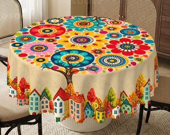 Colorful Folk Art Floral Tablecloth with Whimsical Village Border Pattern