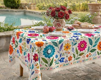 Mantel floral vibrante en acuarela / Decoración para fiestas de primavera en el jardín o picnics de estilo bohemio
