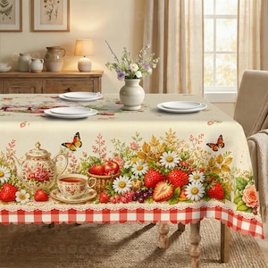Puede incluir: Un mantel rectangular con base de color crema y borde a cuadros rojos y blancos. El estampado muestra un arreglo vibrante de fresas rojas, margaritas blancas, follaje verde, mariposas, una tetera floral y una taza de té.