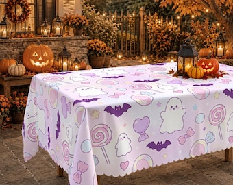 Pastel Halloween Tablecloth: Kawaii Ghosts, Bats, Candy Decor BOO!