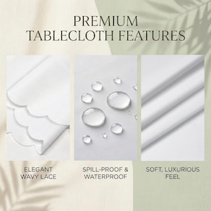 Puede incluir: Un mantel blanco con tres paneles que muestran caracter&iacute;sticas: bordes de encaje ondulado, gotas de agua en la superficie que indican propiedades impermeables y una textura de tela suave y plegada. Texto: PREMIUM TABLECLOTH FEATURES, ELEGANT WAVY LACE, SPILL-PROOF & WATERPROOF, SOFT, LUXURIOUS FEEL.