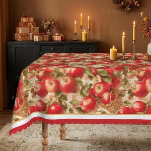 May include: A rectangular tablecloth featuring a repeating pattern of red apples, green leaves, and woven baskets against a light pink and white checkered background. The tablecloth has a scalloped red and white border along the bottom edge.