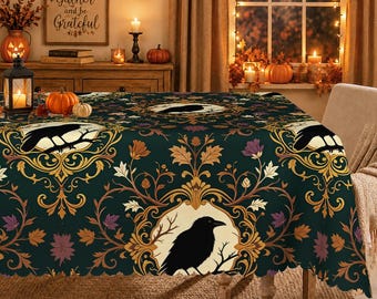 Gothic Raven Cameo Halloween Tablecloth Deep Teal Fall Decor