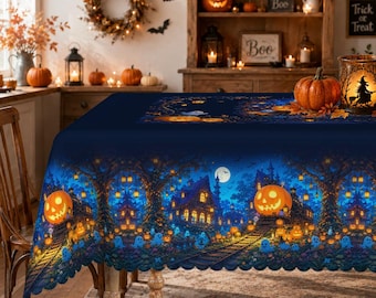 Halloween Haunted Village Tablecloth, Glowing Jack-o-Lanterns, Ghosts, Spooky Midnight Blue Party Cover
