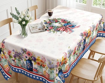 Tovaglia floreale patriottica americana / Barattoli di vetro acquerellati, decorazioni estive per la tavola