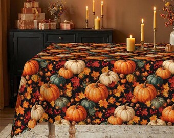 Autumn Pumpkin Maple Leaf Tablecloth, Rustic Fall Harvest Dining Decor