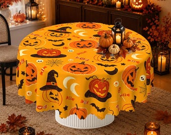 Retro Jack-o-Lantern and Bat Halloween Tablecloth