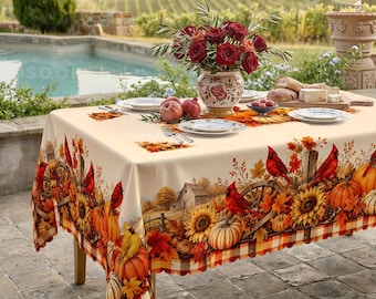 Rustic Autumn Harvest Cardinal Tablecloth with Pumpkins and Sunflowers