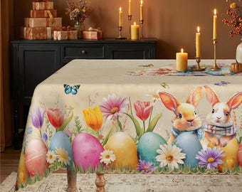 Easter Bunny Tablecloth, Floral Eggs, Spring Brunch Decor