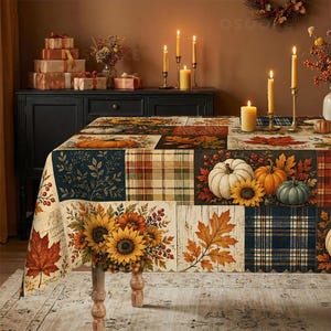 Fall Pumpkin Sunflower Patchwork Tablecloth Rustic Plaid Autumn Thanksgiving Table Cover