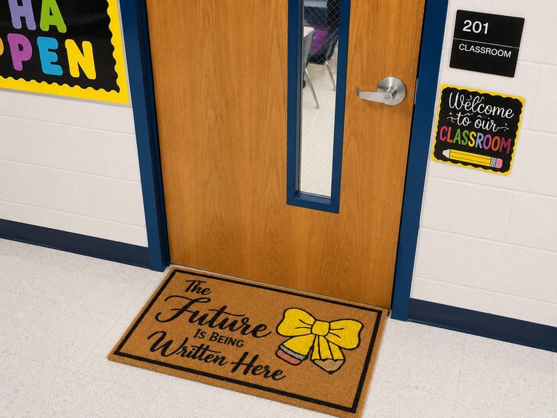 May include: A rectangular tan coir doormat with a black border and the black text The Future Is Being Written Here. The design includes a yellow bow graphic with a pencil tip at the bottom, positioned in front of a wooden classroom door.