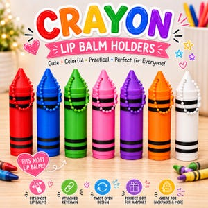 May include: A selection of crayon-shaped lip balm holders in various colours: red, blue, green, pink, purple, orange, and white. Each has a black stripe design and a beaded keychain. The text "CRAYON LIP BALM HOLDERS" is displayed.