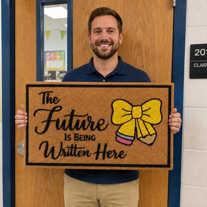 May include: A rectangular tan coir doormat featuring the black text The Future Is Being Written Here and a yellow bow graphic with a pencil design. The mat has a black border and is held up against a wooden door with a classroom sign nearby.