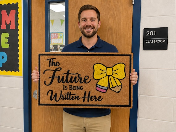 Teacher Doormat | Classroom Door Mat | Back to School Decor | Teacher Gift | Classroom Welcome Mat | Pencil Bow Rug