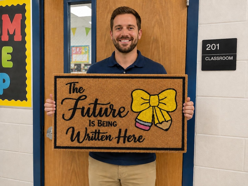 May include: A rectangular tan coir doormat featuring the black text The Future Is Being Written Here and a yellow bow graphic with a pencil design. The mat has a black border and is held up against a wooden door with a classroom sign nearby.