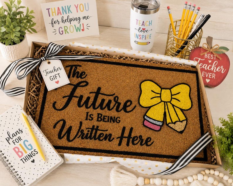May include: A rectangular brown coir doormat in a gift box featuring the black text The Future Is Being Written Here and a yellow pencil-shaped bow graphic. The mat is decorated with a black and white striped ribbon and a Teacher Gift tag.