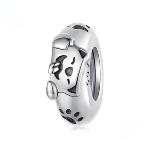 May include: A silver charm with a dog design. The charm features a dog's head, paw prints, and the text "S925". The charm is oval-shaped and has a polished finish.