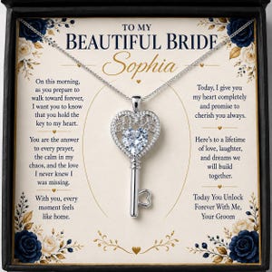 May include: A silver-toned necklace featuring a key-shaped pendant with a heart-shaped center and clear stones, presented on a card with the text "To My Beautiful Bride Sophia" and a romantic message, framed by dark blue and cream floral illustrations.