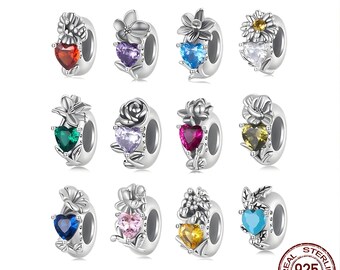 Pingente espaçador em prata de lei maciça com flor e pedra de nascimento, pingente de coração floral mensal, compatível com todas as principais marcas de pulseiras e colares.