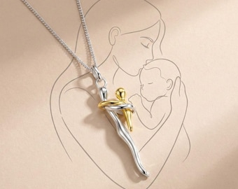 Mother and child Hug Necklace, 925 Sterling Silver Pendant, Two-Tone Gold & Silver, Sentimental Mother’s Day Gift