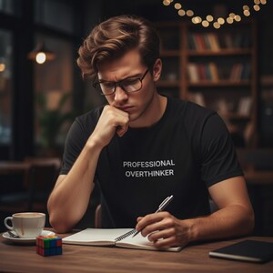 May include: A person wearing a black t-shirt with the text "PROFESSIONAL OVERTHINKER" in white. They are sitting at a wooden table, writing in a notebook with a pen, with a cup of coffee and a Rubik's cube nearby.